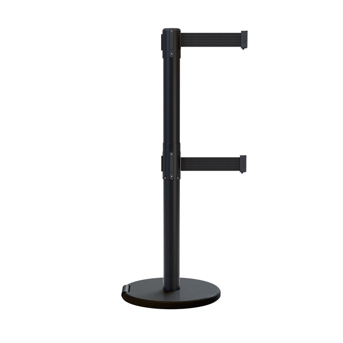 Retractable Dual Belt Barrier Stanchion, Rolling Base, Black Steel Post, 11 ft Belt - Montour Line ME630D - Crowd Control Warehouse