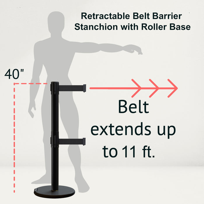 Retractable Dual Belt Barrier Stanchion, Rolling Base, Black Steel Post, 11 ft Belt - Montour Line ME630D - Crowd Control Warehouse