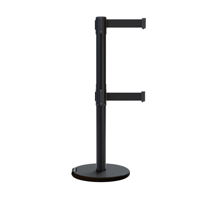 Retractable Dual Belt Barrier Stanchion, Rolling Base, Black Steel Post, 13 ft Belt - Montour Line ME630D - Crowd Control Warehouse