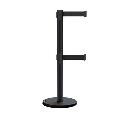 Retractable Dual Belt Barrier Stanchion, Rolling Base, Black Steel Post, 13 ft Belt - Montour Line ME630D - Crowd Control Warehouse