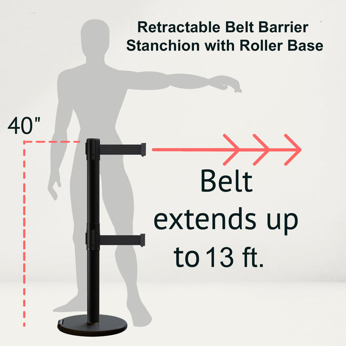 Retractable Dual Belt Barrier Stanchion, Rolling Base, Black Steel Post, 13 ft Belt - Montour Line ME630D - Crowd Control Warehouse