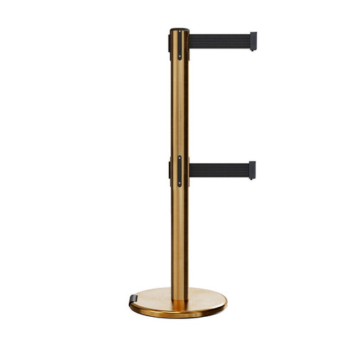 Retractable Dual Belt Barrier Stanchion, Rolling Base, Satin Brass Post, 13 ft Belt - Montour Line ME630D - Crowd Control Warehouse