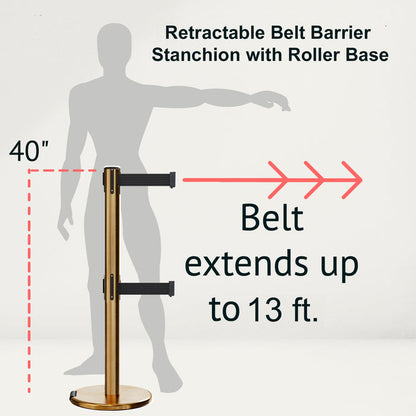 Retractable Dual Belt Barrier Stanchion, Rolling Base, Satin Brass Post, 13 ft Belt - Montour Line ME630D - Crowd Control Warehouse