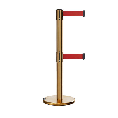 Retractable Dual Belt Barrier Stanchion, Rolling Base, Satin Brass Post, 13 ft Belt - Montour Line ME630D - Crowd Control Warehouse