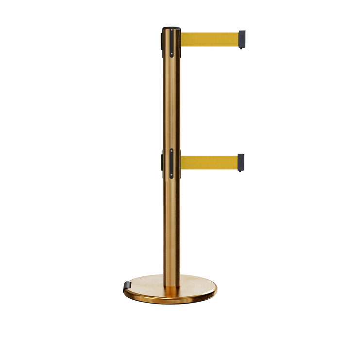 Retractable Dual Belt Barrier Stanchion, Rolling Base, Satin Brass Post, 13 ft Belt - Montour Line ME630D - Crowd Control Warehouse