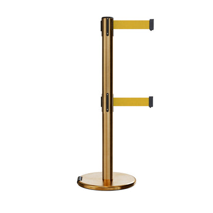 Retractable Dual Belt Barrier Stanchion, Rolling Base, Satin Brass Post, 13 ft Belt - Montour Line ME630D - Crowd Control Warehouse
