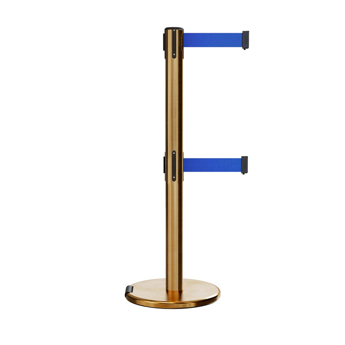 Retractable Dual Belt Barrier Stanchion, Rolling Base, Satin Brass Post, 13 ft Belt - Montour Line ME630D - Crowd Control Warehouse