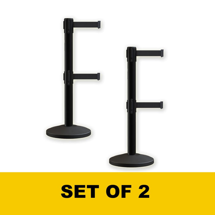 Retractable Dual Belt Barrier Stanchion, Sloped Base, 14 ft Belt - Montour Line M650D - Crowd Control Warehouse