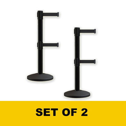 Retractable Dual Belt Barrier Stanchion, Sloped Base, 14 ft Belt - Montour Line M650D - Crowd Control Warehouse
