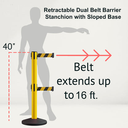 Retractable Dual Belt Barrier Stanchion, Sloped Base, 16 ft Belt - Montour Line M650D - Crowd Control Warehouse
