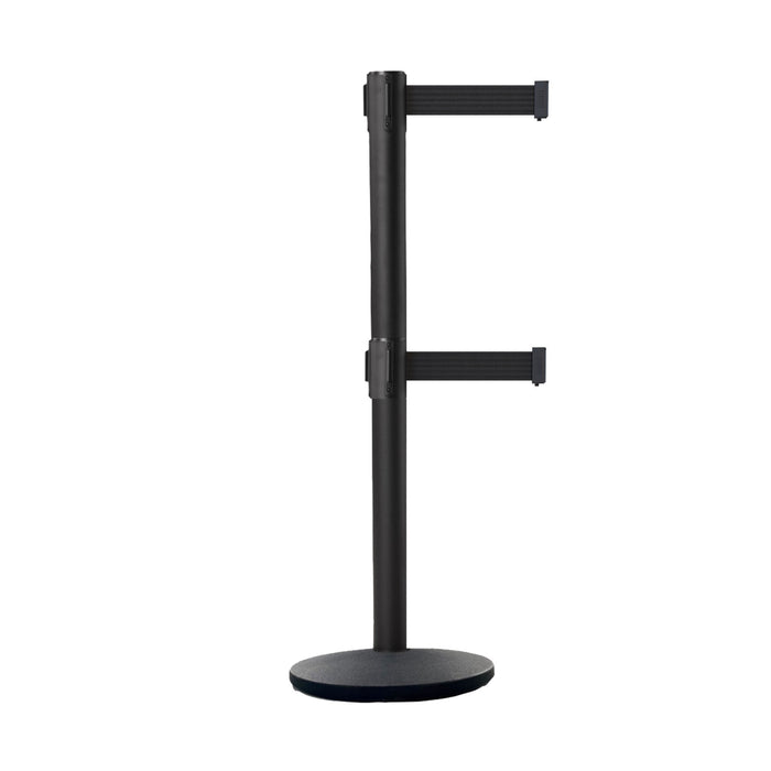 Retractable Dual Belt Belt Barrier Stanchion, Black Post, Cast Iron Base, 11 Ft. Belt - Montour Line MI630D - Crowd Control Warehouse