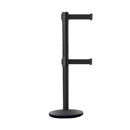 Retractable Dual Belt Belt Barrier Stanchion, Black Post, Cast Iron Base, 11 Ft. Belt - Montour Line MI630D - Crowd Control Warehouse