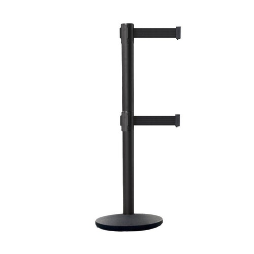 Retractable Dual Belt Belt Barrier Stanchion, Black Post, Cast Iron Base, 11 Ft. Belt - Montour Line MI630D - Crowd Control Warehouse
