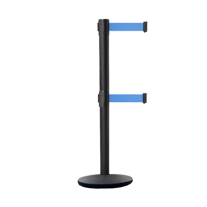 Retractable Dual Belt Belt Barrier Stanchion, Black Post, Cast Iron Base, 11 Ft. Belt - Montour Line MI630D - Crowd Control Warehouse
