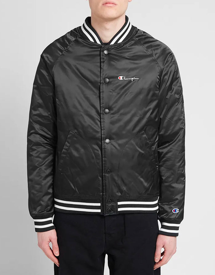 Reverse Weave Script Logo Satin Bomber Jacket Black