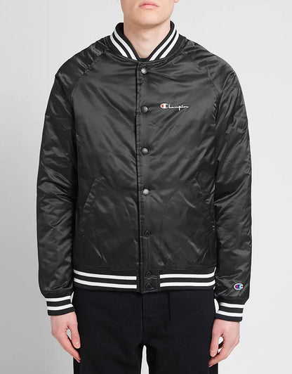 Reverse Weave Script Logo Satin Bomber Jacket Black