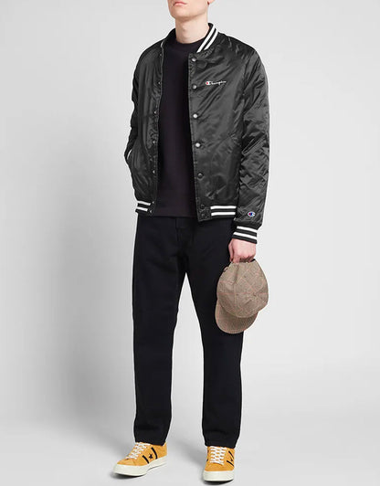 Reverse Weave Script Logo Satin Bomber Jacket Black