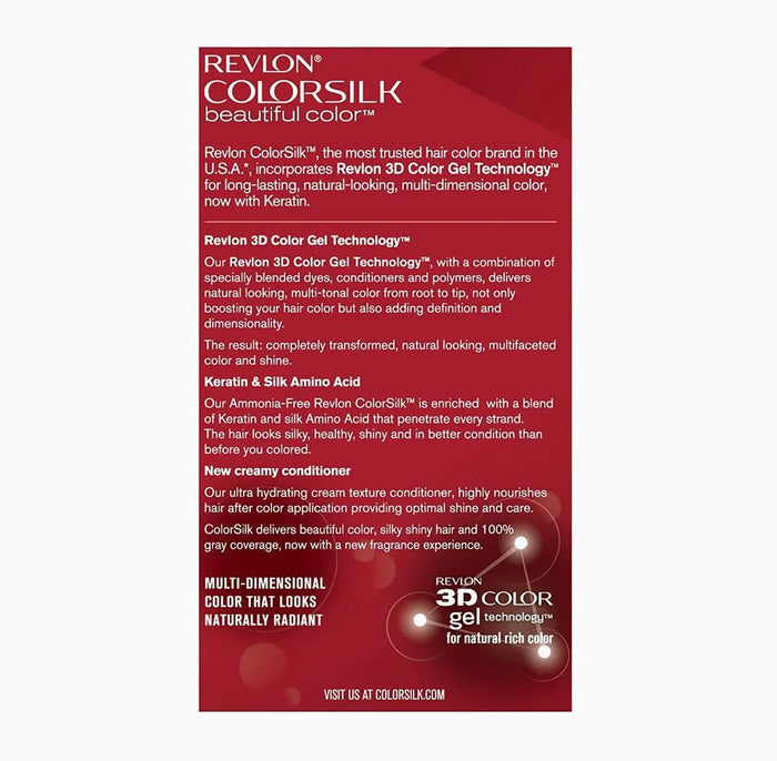 Back of Revlon Colorsilk Beautiful Color Black 10 permanent hair dye kit with product details.