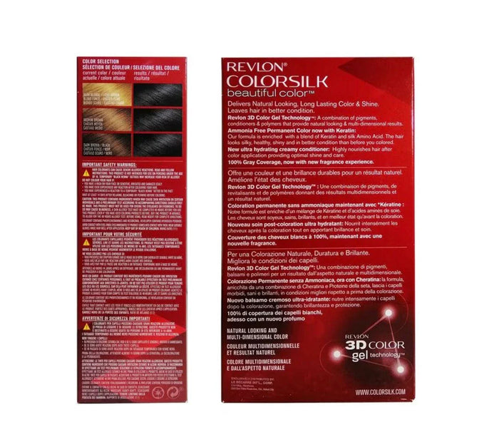 Back of Revlon Colorsilk black hair dye box showing color results and product details