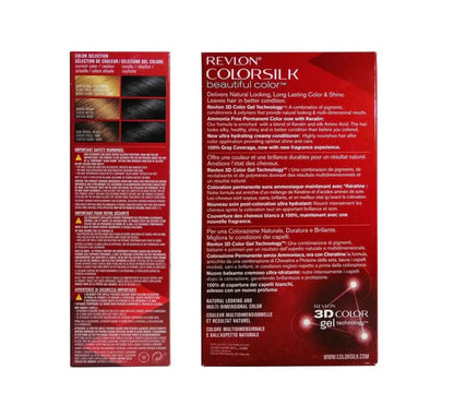 Back of Revlon Colorsilk black hair dye box showing color results and product details