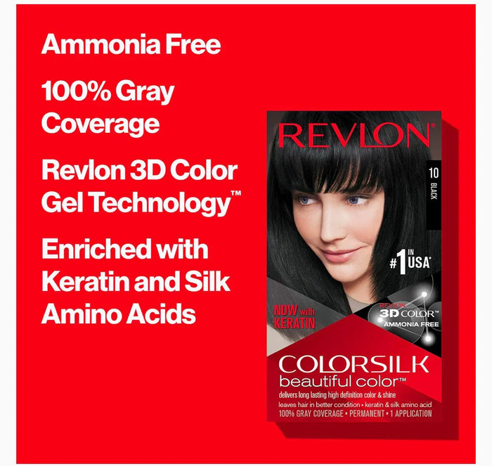 Revlon Colorsilk Black 10 permanent hair dye kit box with product features like ammonia free and keratin enriched.