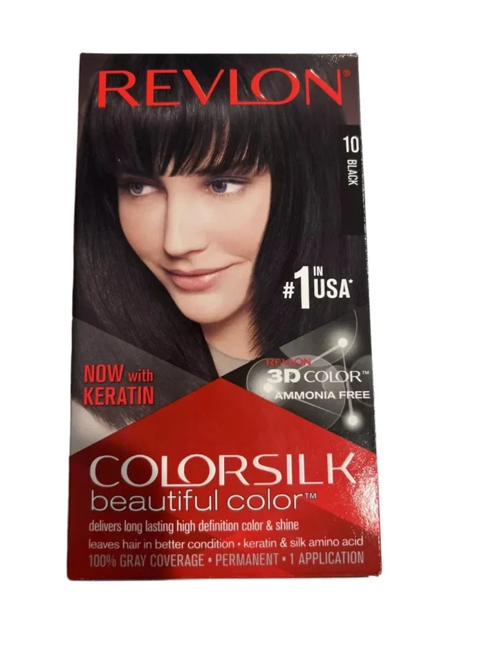 Revlon Colorsilk Beautiful Color Black 10 permanent hair dye kit box with model image