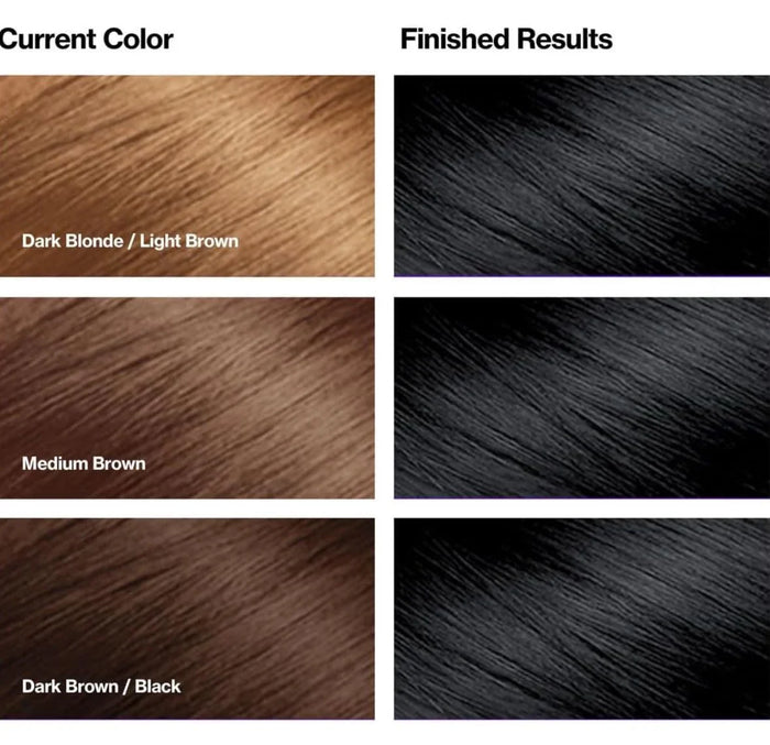 Hair color chart showing before and after results from light brown and medium brown to black hair dye.