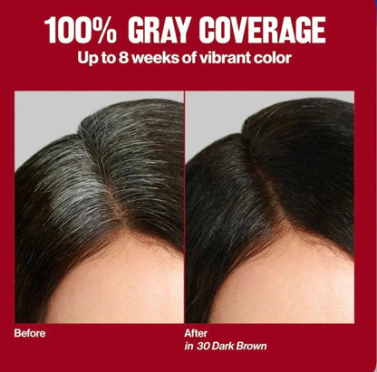 Before and after comparison of hair with gray roots covered by permanent dark brown hair dye.