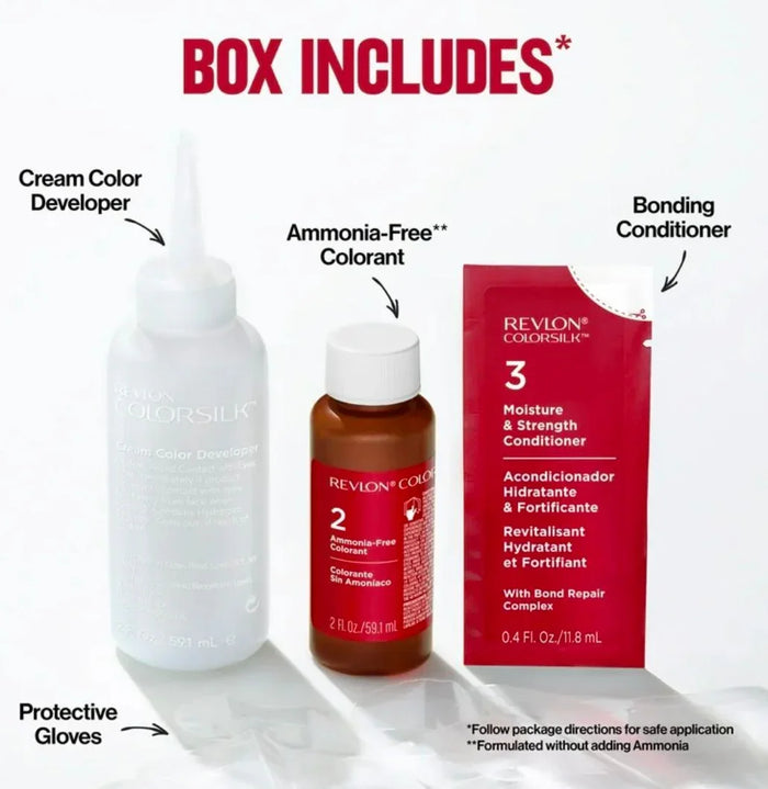 Revlon Colorsilk hair dye kit contents: cream developer, ammonia-free colorant, conditioner, gloves.