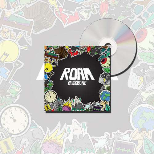 CD and cover for ROAMs album Backbone. The black cover displays the brand name ROAM in bold white letters amid colorful doodle-style artwork, along with a partially visible CD and tracklist.