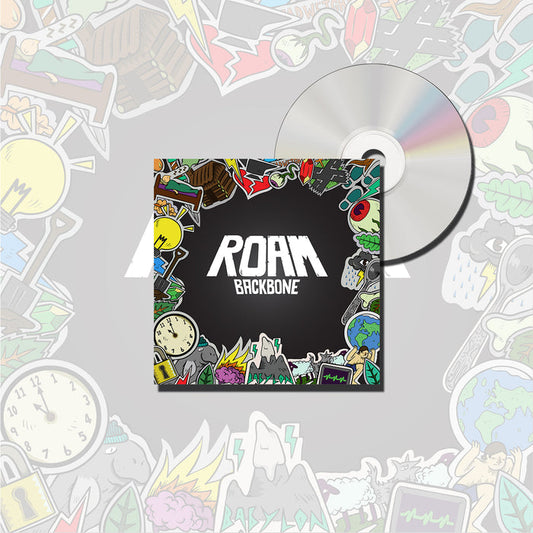 CD and cover for ROAMs album Backbone. The black cover displays the brand name ROAM in bold white letters amid colorful doodle-style artwork, along with a partially visible CD and tracklist.