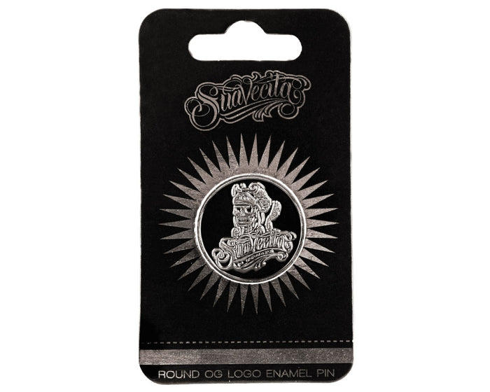 Suavecita OG Logo Silver Enamel Pin Front With Packaging
