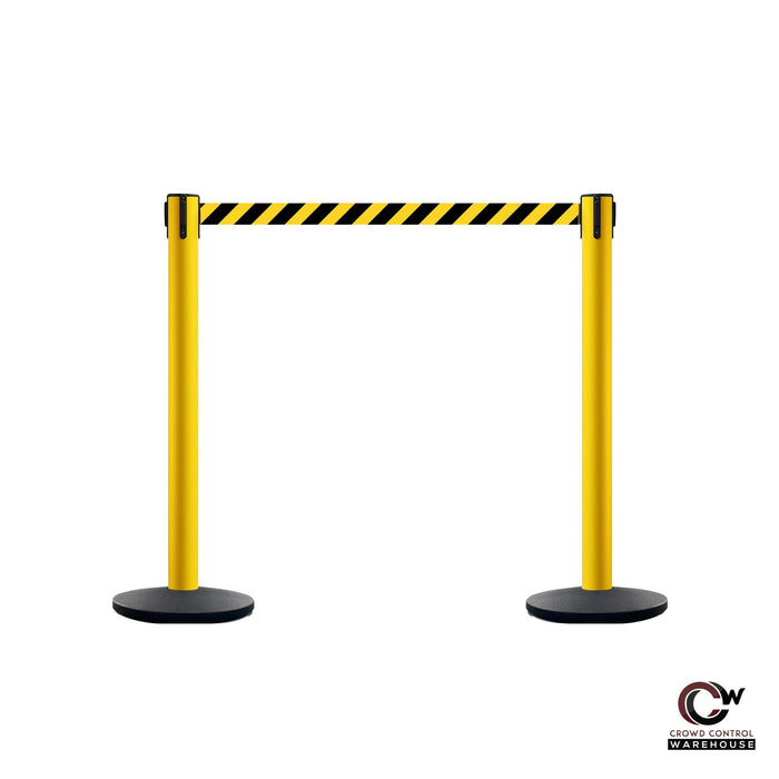 Safety Retractable Belt Barrier Stanchion, Heavy Duty Cast Iron Base, 14 ft Belt – Montour Line MSI650 - Crowd Control Warehouse