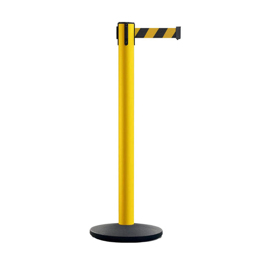Safety Retractable Belt Barrier Stanchion, Heavy Duty Cast Iron Base, 16 ft Belt – Montour Line MSI650 - Crowd Control Warehouse