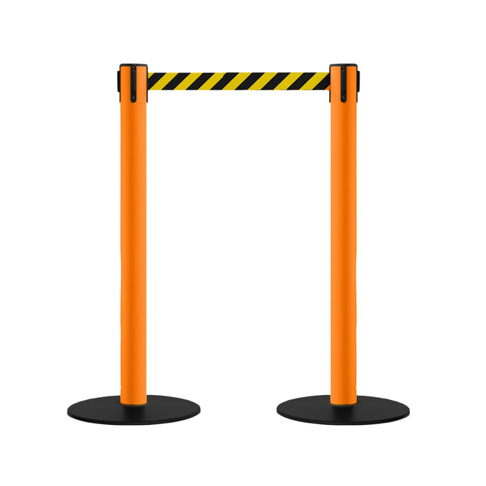 Safety Retractable Belt Barrier Stanchion, Low Profile Steel Base, Orange Post, 14 or 16 Ft. Belt - Montour Line MSX650 - Crowd Control Warehouse
