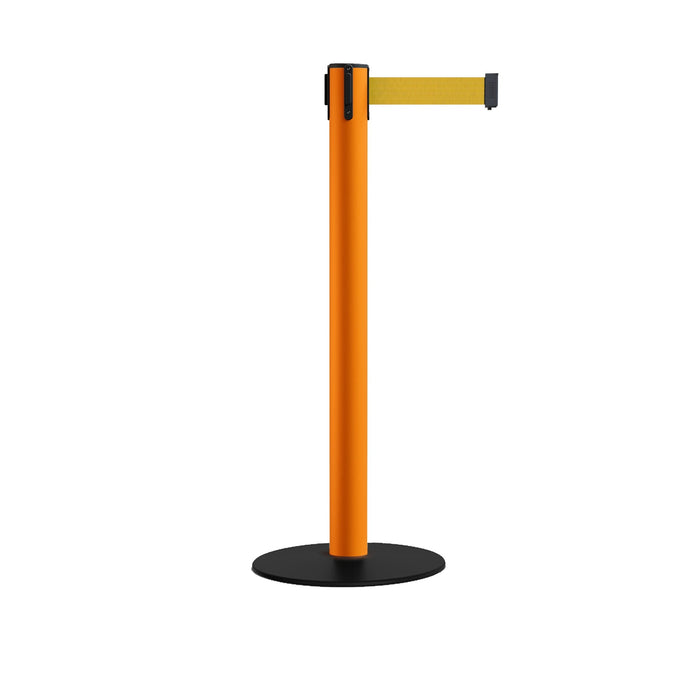 Safety Retractable Belt Barrier Stanchion, Low Profile Steel Base, Orange Post, 14 or 16 Ft. Belt - Montour Line MSX650 - Crowd Control Warehouse