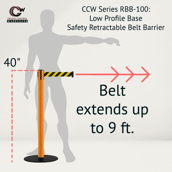 Safety Retractable Belt Barrier Stanchion, Low Profile Steel Base, Orange Post, 9 Ft. Belt - Montour Line MSX630 - Crowd Control Warehouse
