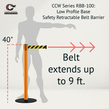 Safety Retractable Belt Barrier Stanchion, Low Profile Steel Base, Orange Post, 9 Ft. Belt - Montour Line MSX630 - Crowd Control Warehouse