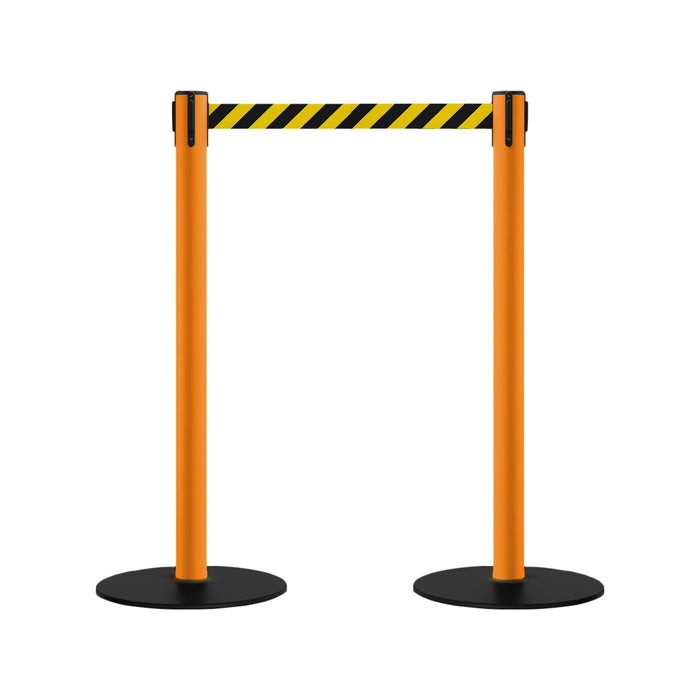 Safety Retractable Belt Barrier Stanchion, Low Profile Steel Base, Orange Post, 9 Ft. Belt - Montour Line MSX630 - Crowd Control Warehouse