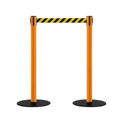 Safety Retractable Belt Barrier Stanchion, Low Profile Steel Base, Orange Post, 9 Ft. Belt - Montour Line MSX630 - Crowd Control Warehouse
