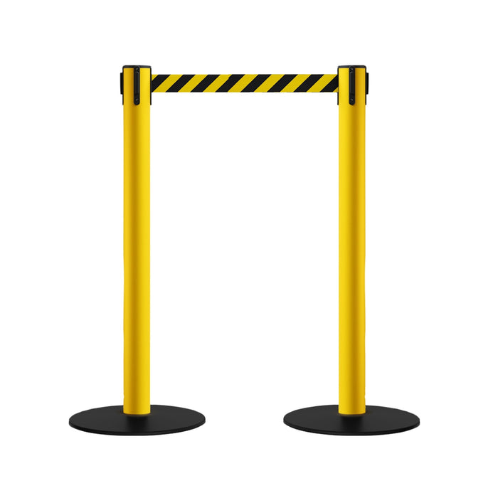 Safety Retractable Belt Barrier Stanchion, Low Profile Steel Base, Yellow Post, 14 or 16 Ft. Belt - Montour Line MSX650 - Crowd Control Warehouse