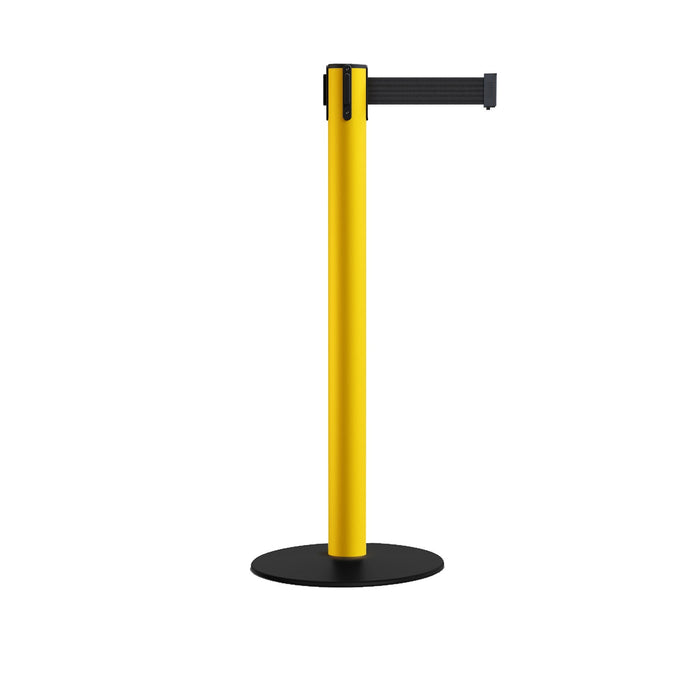 Safety Retractable Belt Barrier Stanchion, Low Profile Steel Base, Yellow Post, 14 or 16 Ft. Belt - Montour Line MSX650 - Crowd Control Warehouse