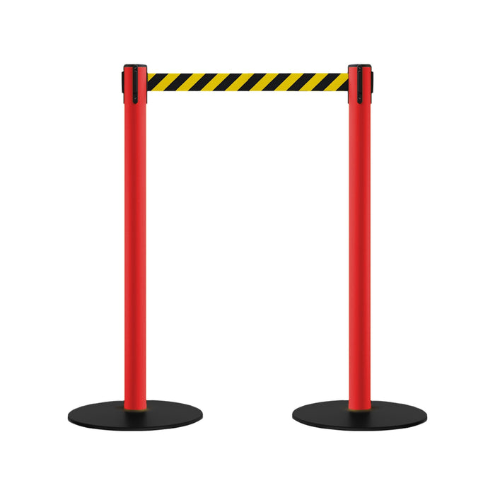 Safety Retractable Belt Barrier Stanchion, Low Profile Steel Base, Red Post, 11 Ft. Belt - Montour Line MSX630 - Crowd Control Warehouse