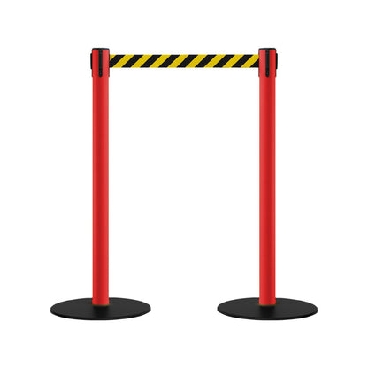 Safety Retractable Belt Barrier Stanchion, Low Profile Steel Base, Red Post, 11 Ft. Belt - Montour Line MSX630 - Crowd Control Warehouse