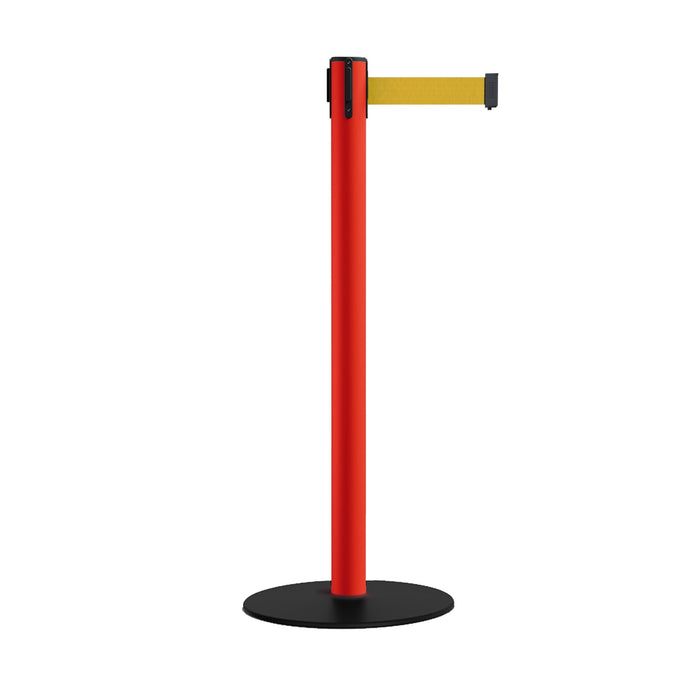 Safety Retractable Belt Barrier Stanchion, Low Profile Steel Base, Red Post, 11 Ft. Belt - Montour Line MSX630 - Crowd Control Warehouse