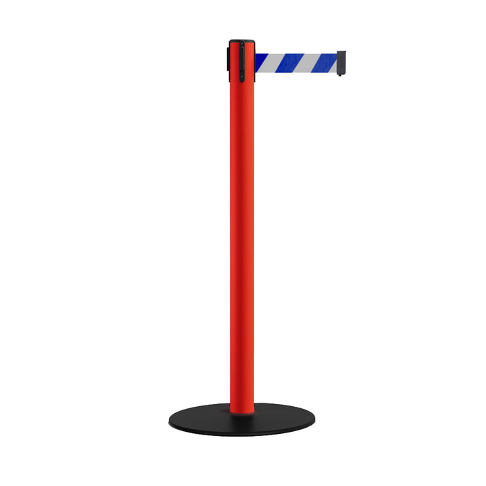 Safety Retractable Belt Barrier Stanchion, Low Profile Steel Base, Red Post, 11 Ft. Belt - Montour Line MSX630 - Crowd Control Warehouse