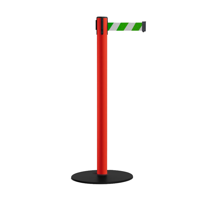Safety Retractable Belt Barrier Stanchion, Low Profile Steel Base, Red Post, 11 Ft. Belt - Montour Line MSX630 - Crowd Control Warehouse
