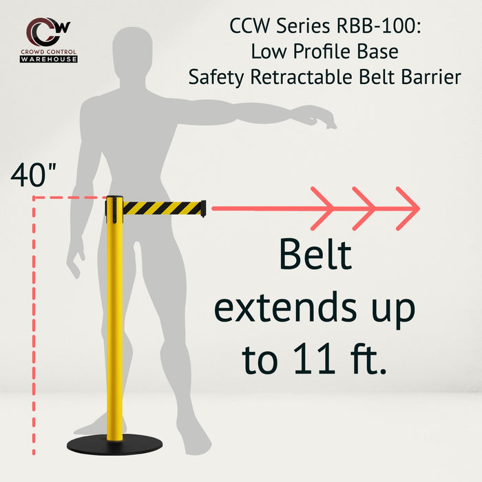 Safety Stanchion Retractable Belt Barriers, Low Profile Steel Base, Yellow Post, 11 Ft. Belt - Montour Line MSX630 - Crowd Control Warehouse