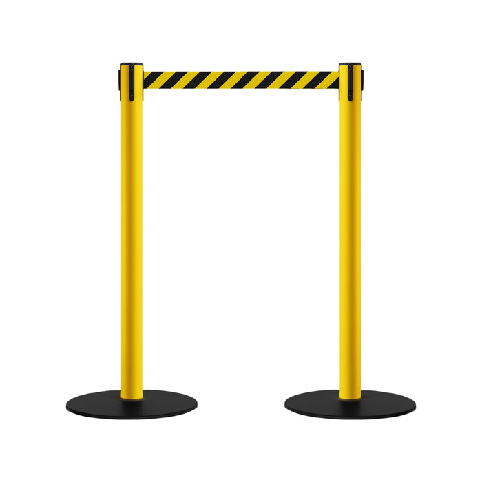 Safety Stanchion Retractable Belt Barriers, Low Profile Steel Base, Yellow Post, 11 Ft. Belt - Montour Line MSX630 - Crowd Control Warehouse