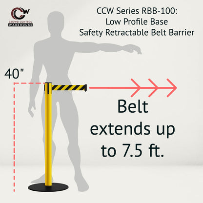 Safety Stanchion Retractable Belt Barriers, Low Profile Steel Base, Yellow Post, 7.5 Ft. Belt - Montour Line MSX630 - Crowd Control Warehouse
